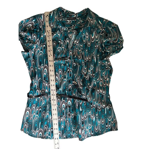 Bay Studio Career Top Teal Black White Abstract Print Short Sleeve Belted Blouse - Picture 7 of 7